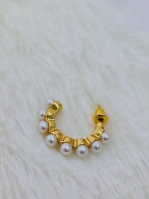 hammered-gold-tone-pearl-huggie-hoop-earrings