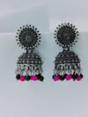 oxidized-silver-jhumka-earrings-pink-green-beads