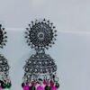 oxidized-silver-jhumka-earrings-pink-green-beads