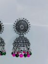 oxidized-silver-jhumka-earrings-pink-green-beads