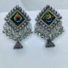 oxidized-silver-peacock-eye-stud-earrings-ghungroo-drops