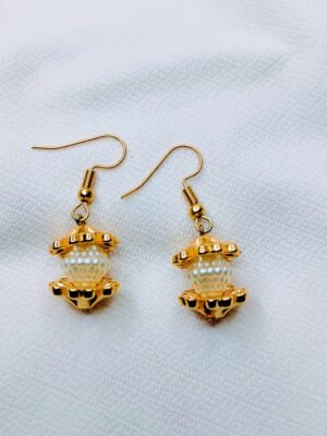 drop earrings, handmade earrings, faux pearl, gold tone, elegant, vintage style, special occasion, unique design